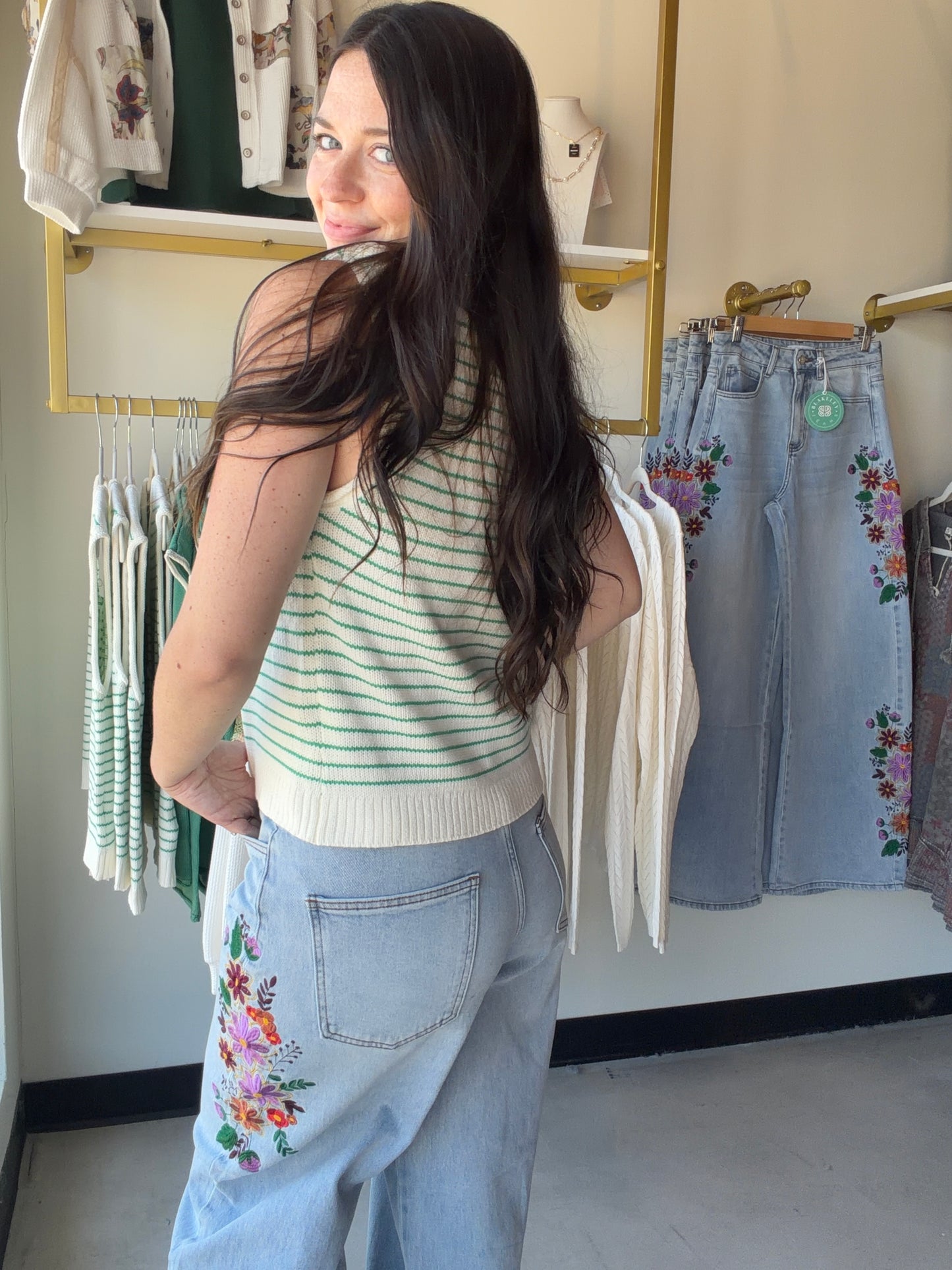 Ivory & Green Stripe Sweater Vest