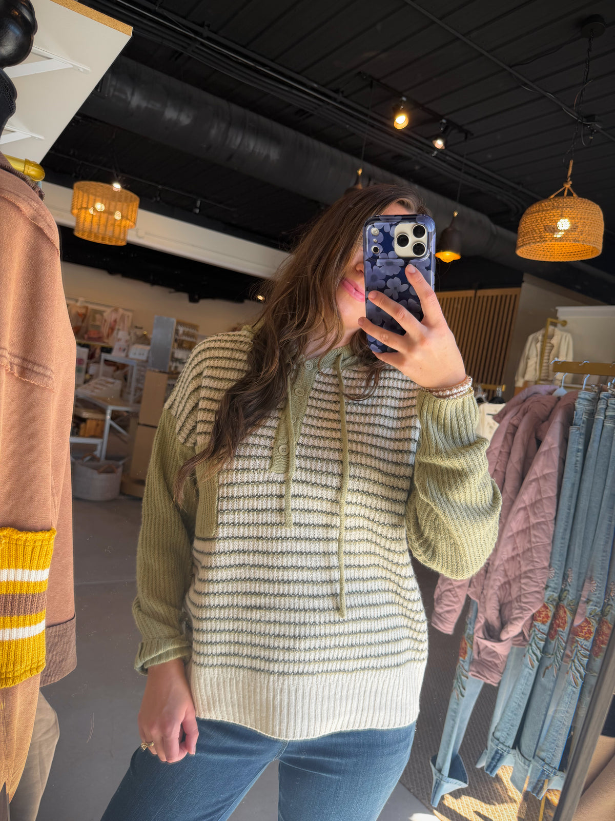 Sage Stripe Button Sweater Hoodie