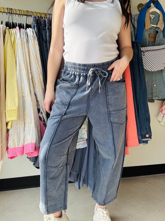 Navy Mineral Washed Barrel Pants