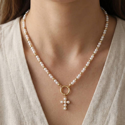 Cross Pendant Pearl And Metallic Beaded Necklace