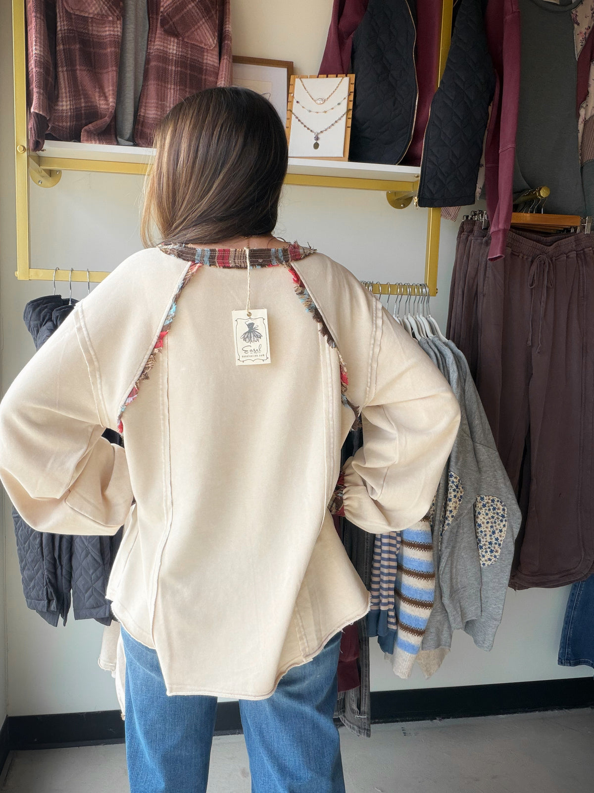 Khaki Plaid Accent V Neck
