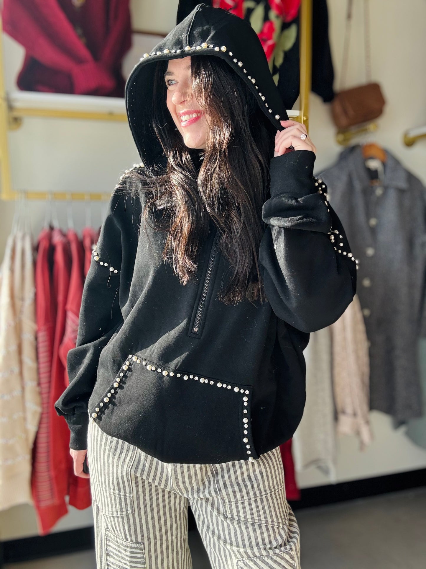 Black Terry Jeweled Half Zip