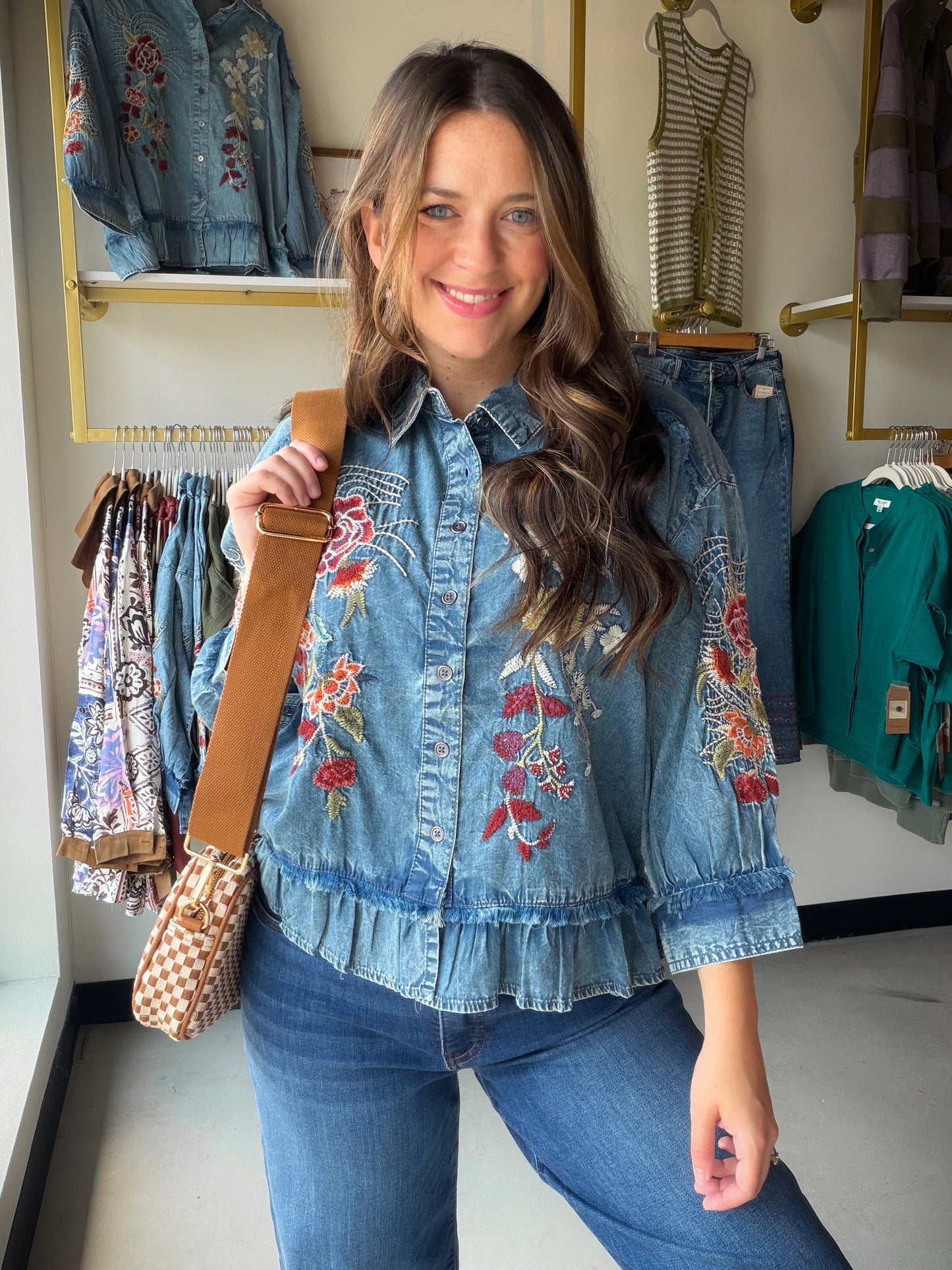 Embroidered Chambray Peplum Top