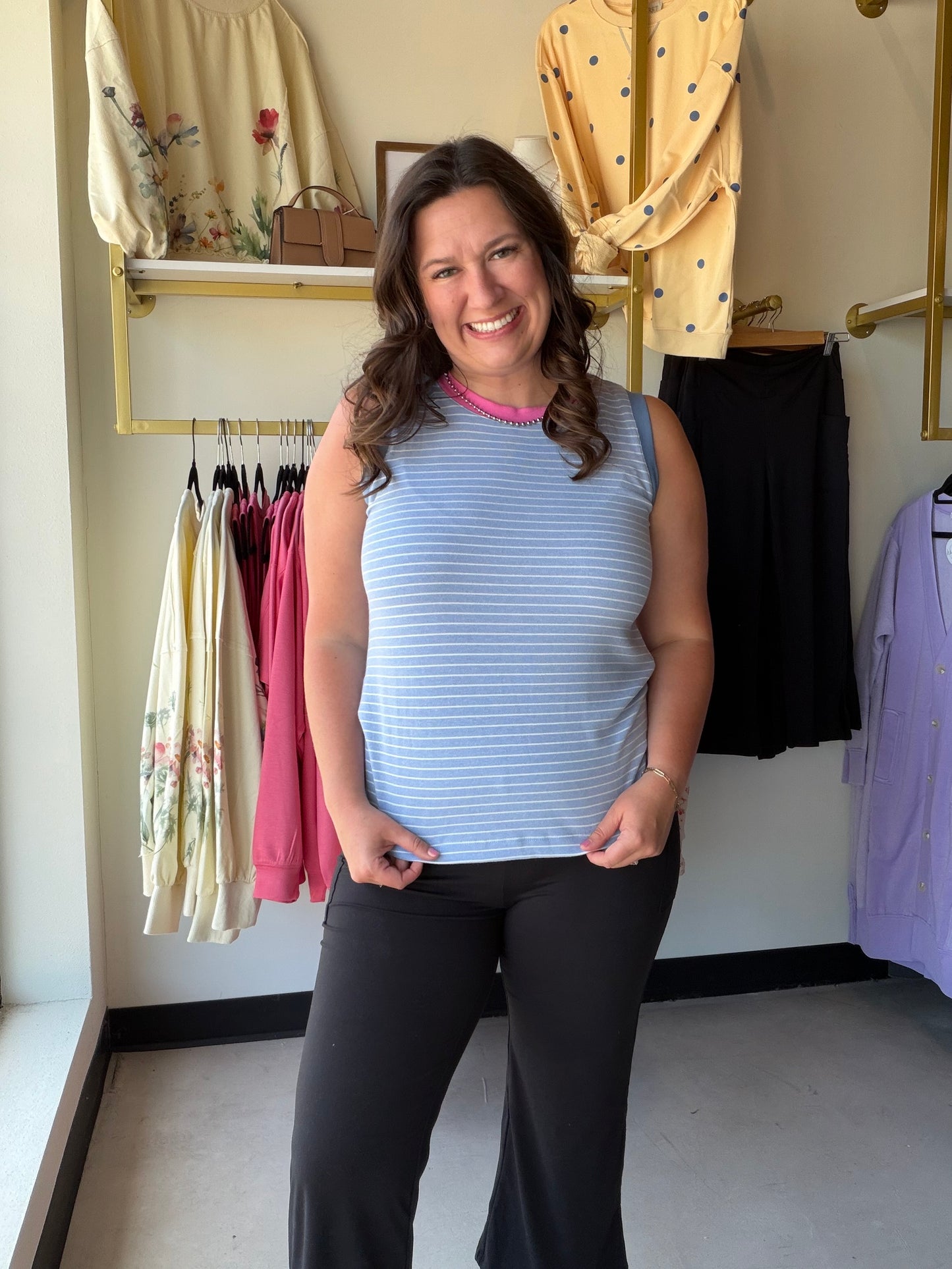 Pink Accent Collar Stripe Tank