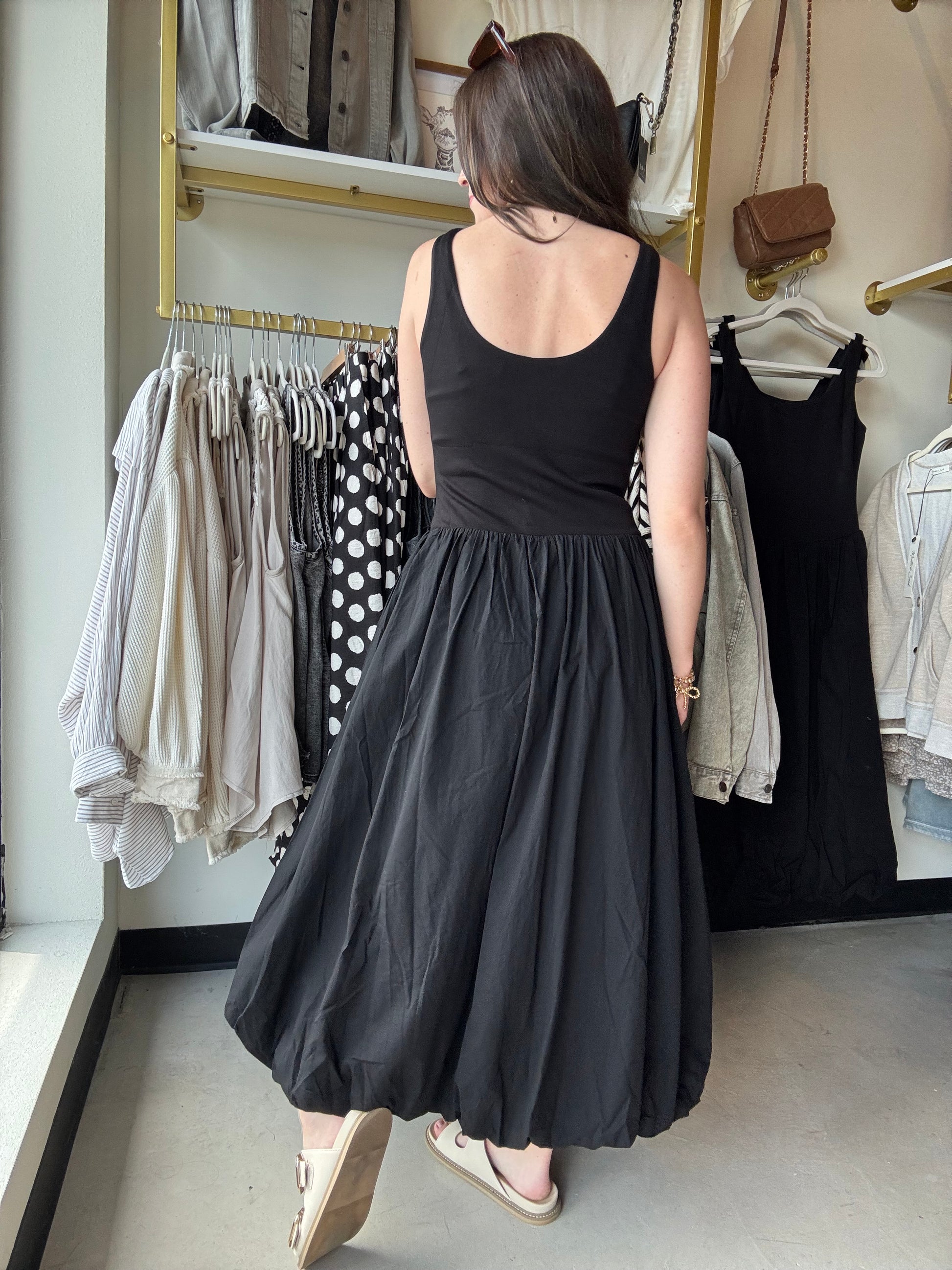 black bubble dress midi MIRA MIDI BUBBLE DRESS (BLACK/BLACK LINEN) -VD3349 A Beautiful Closet 202-394-4115