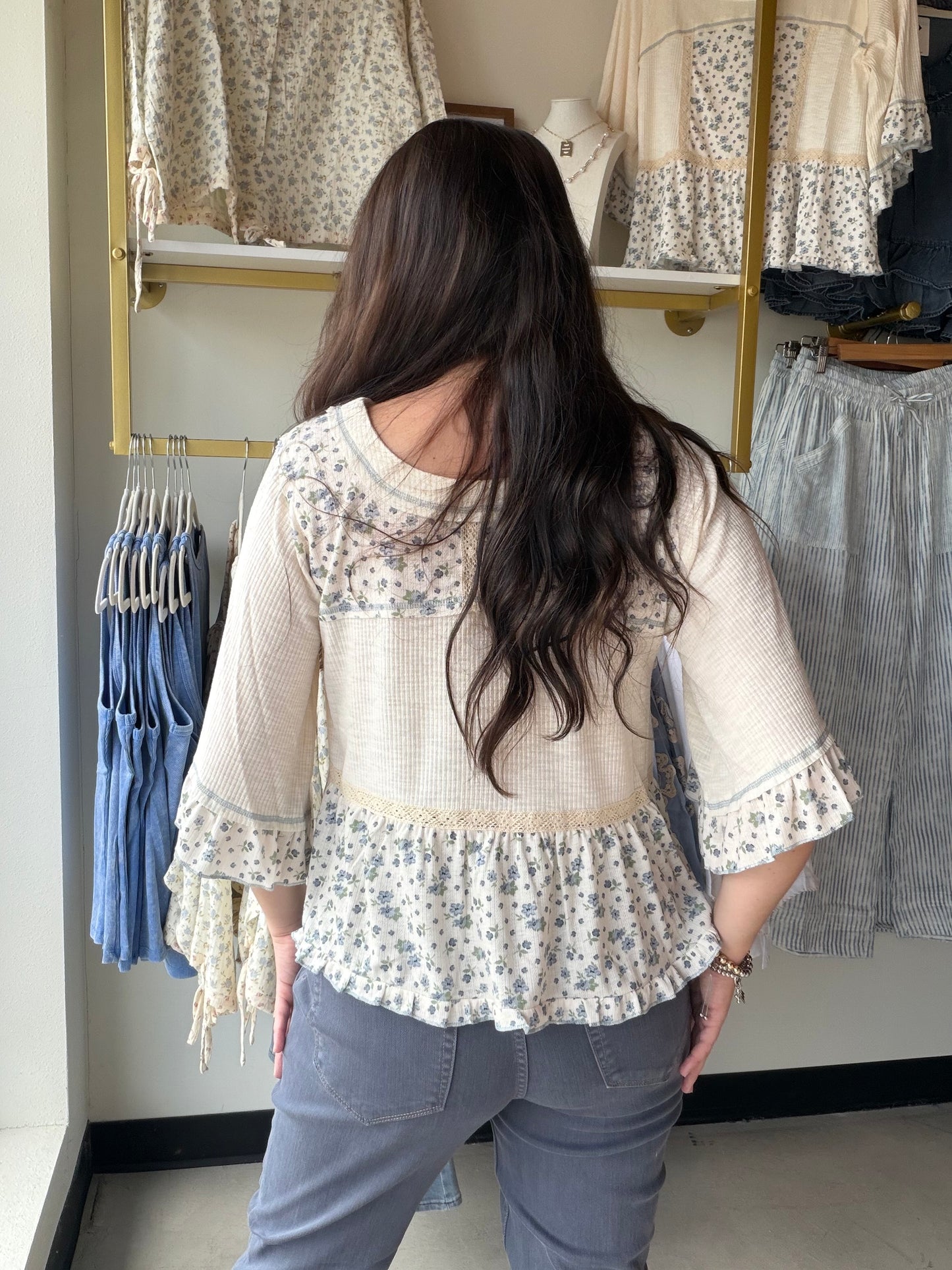 Dainty Floral Peplum Ribbed Top
