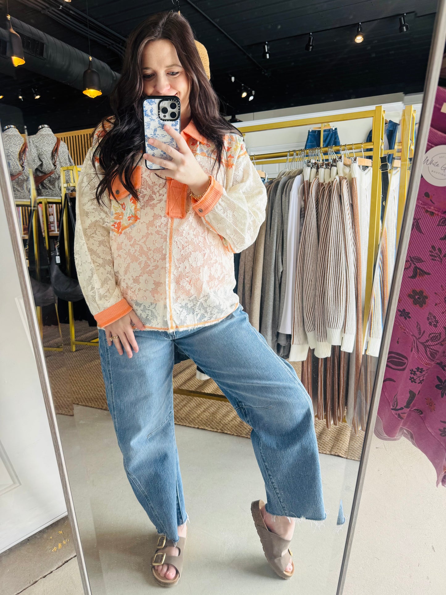 Coral Accent Trim Lace Top