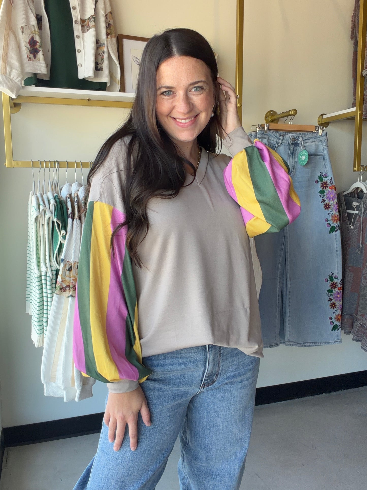 Taupe Accent Sleeve Brushed Top