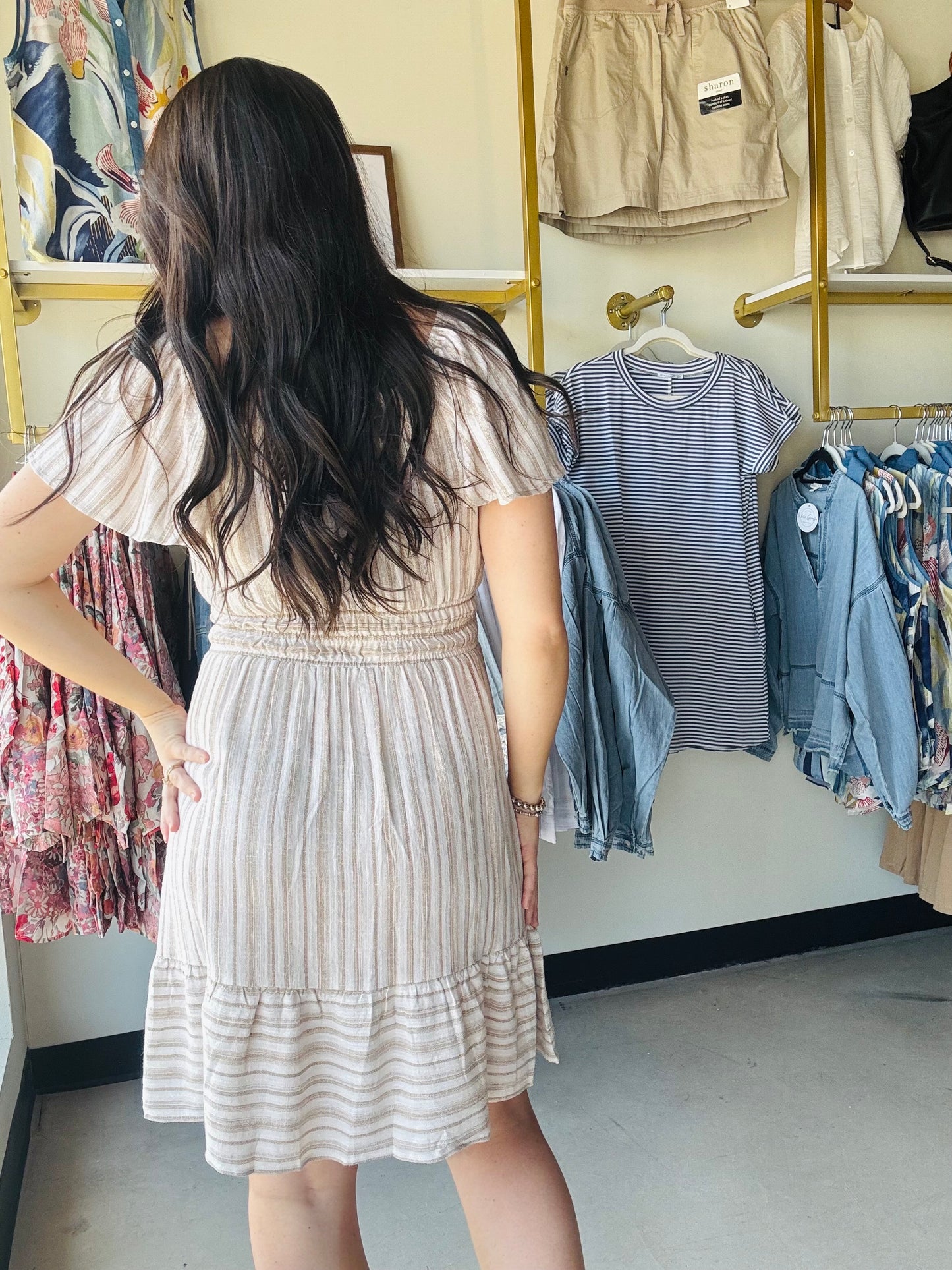 Natural Stripe Flutter Sleeve Dress