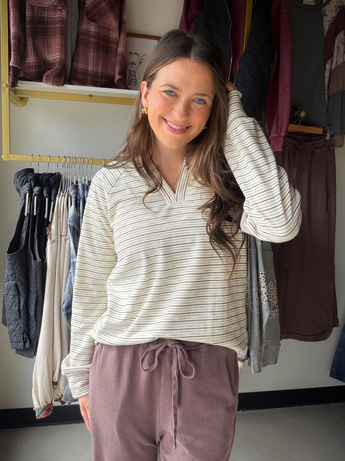 Ivory Striped V Neck Brushed Top