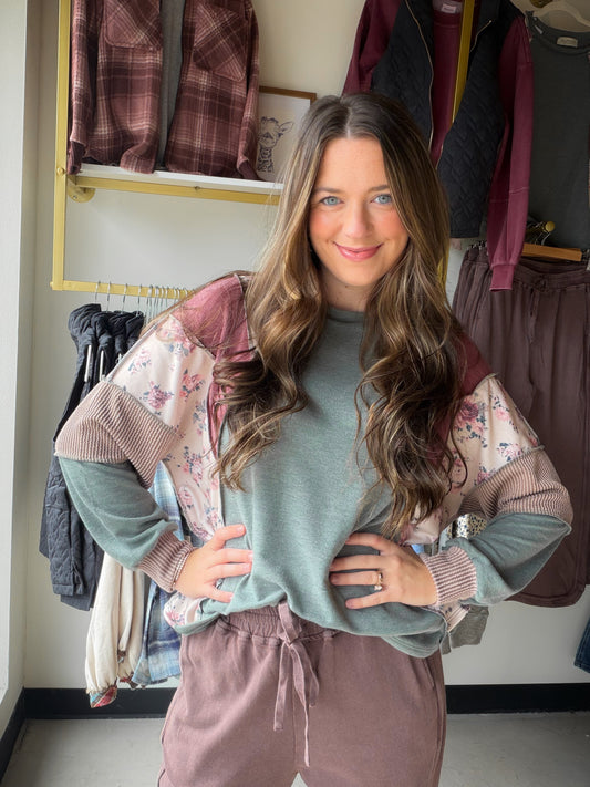 Mixed Media Olive Patchwork Top