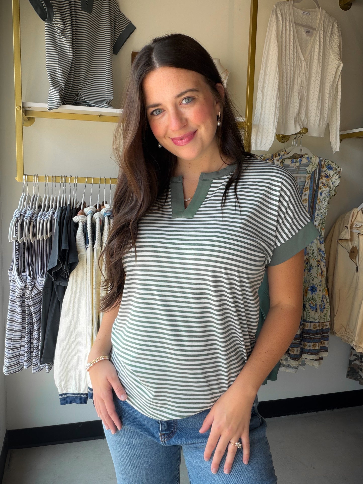Jade Stripe Split Neck Top