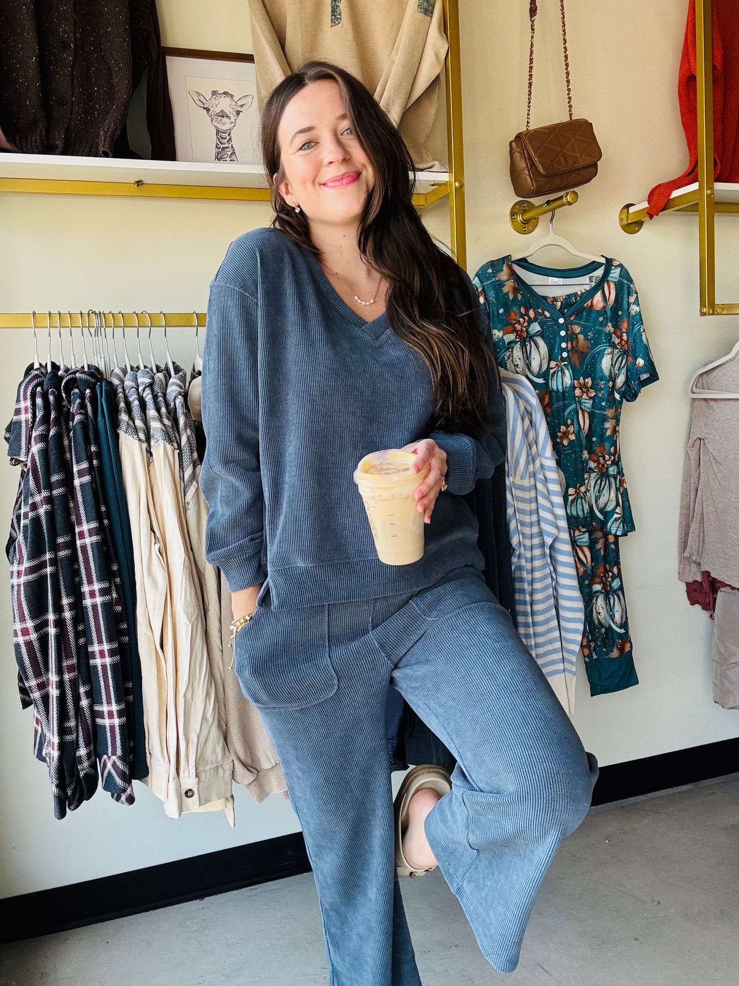 Denim V Neck Corduroy Top