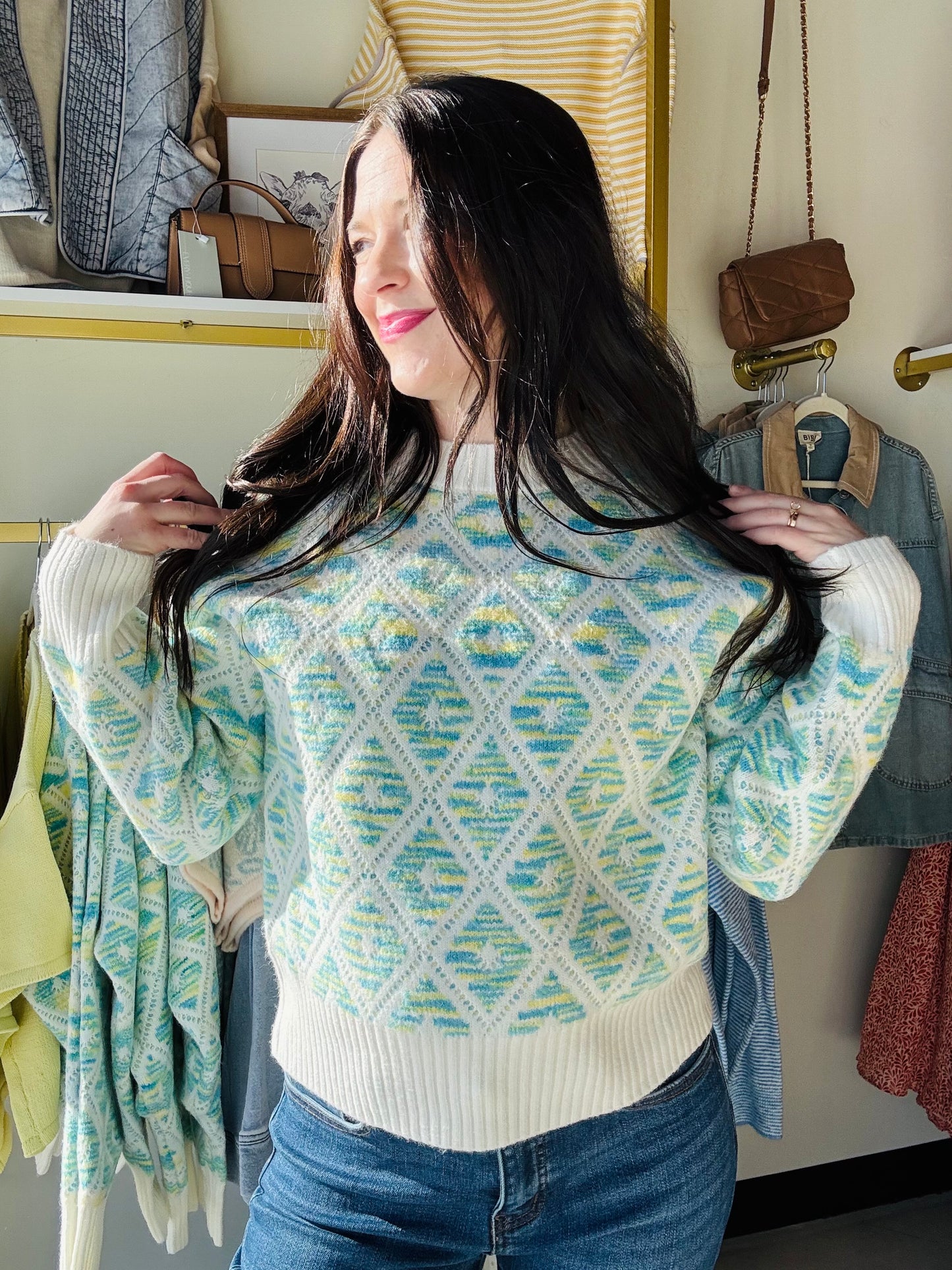 Teal Lemon Diamond Knit Sweater