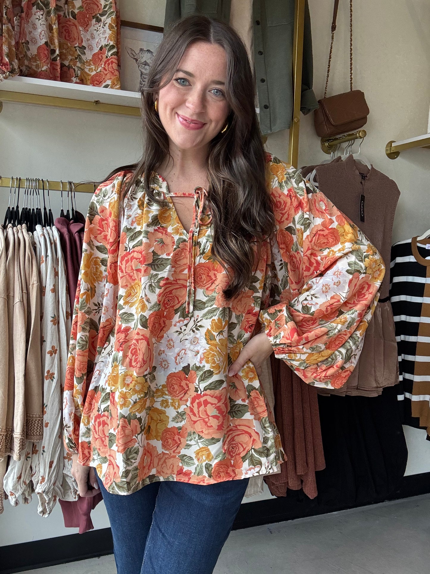 Orange Floral Balloon Sleeve Blouse
