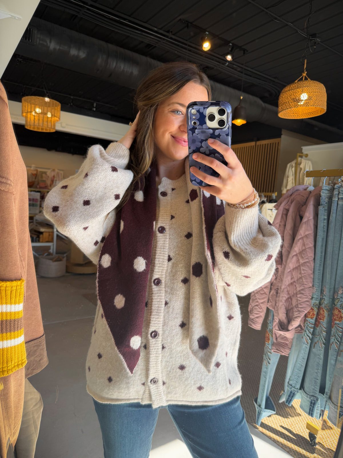 Merlot Polka Dot Scarf Cardigan