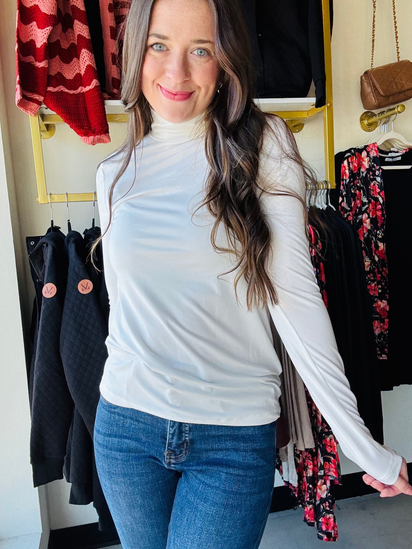 Off White Microfiber Mock Neck