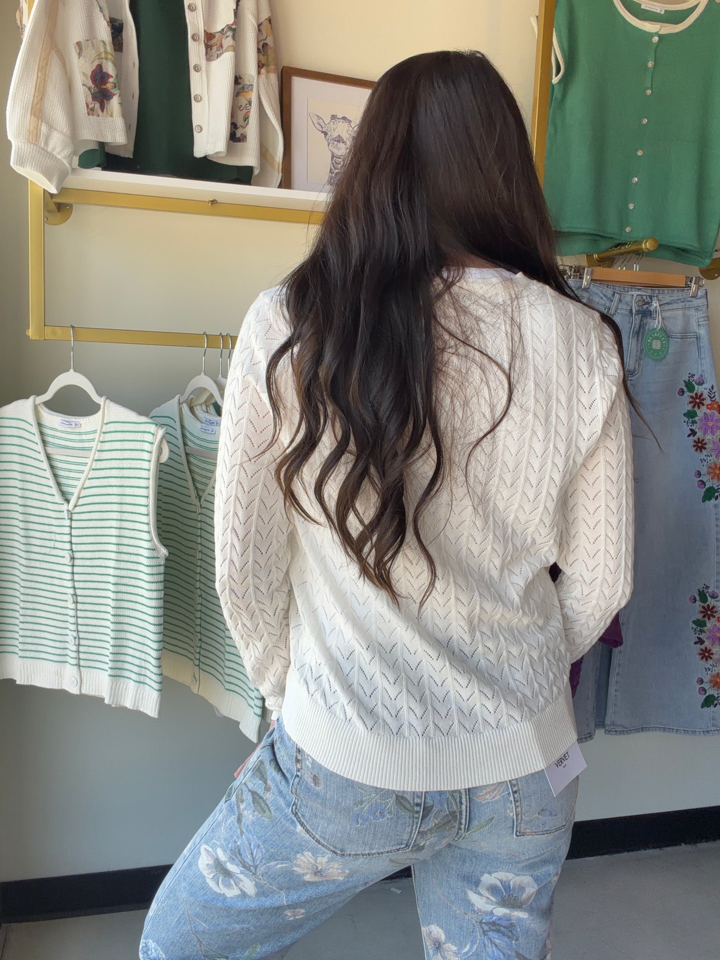 White Pointelle Button Down Cardigan