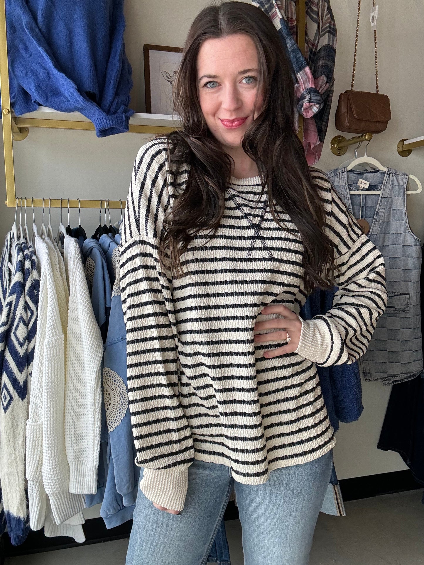 Navy Striped Stitch Pullover