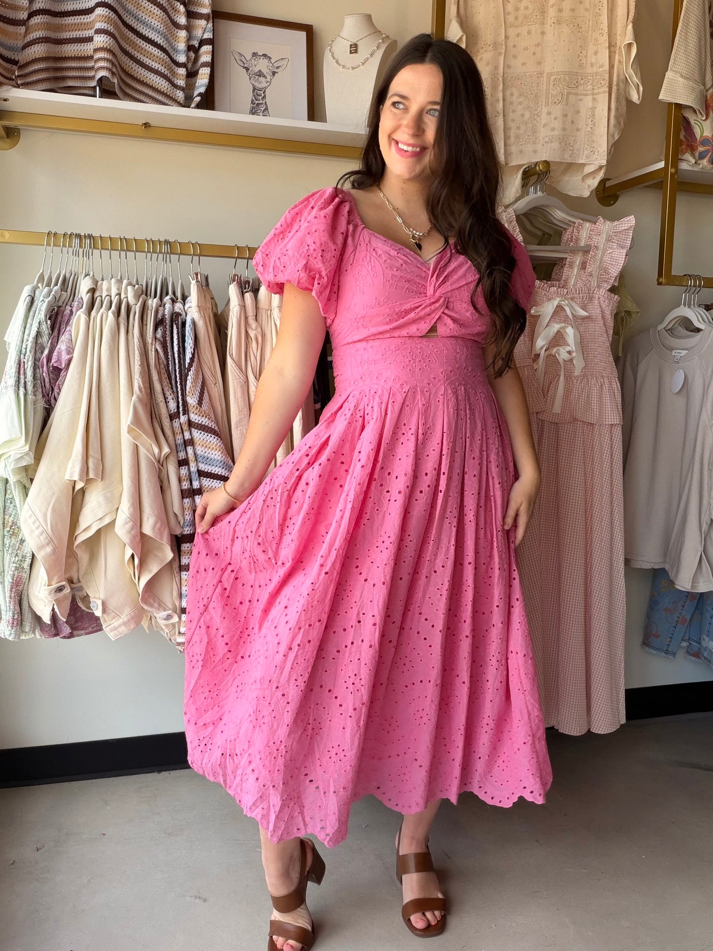 Pink Eyelet Puff Sleeve Dress