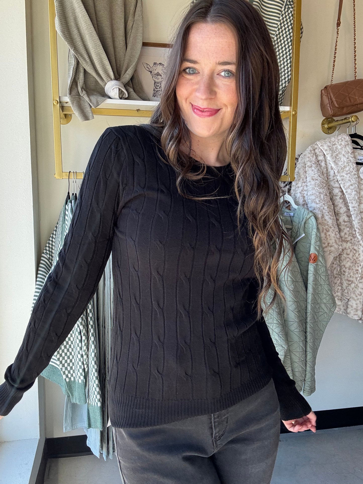 Black Cable Knit Crewneck