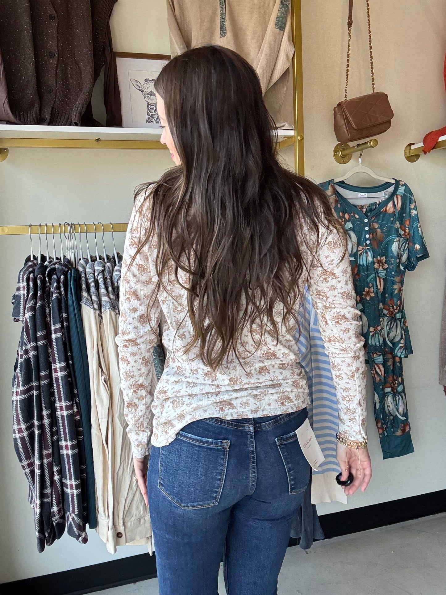 Tan Micro Floral Henley