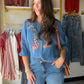 V Neck Embroidered Fringe Top