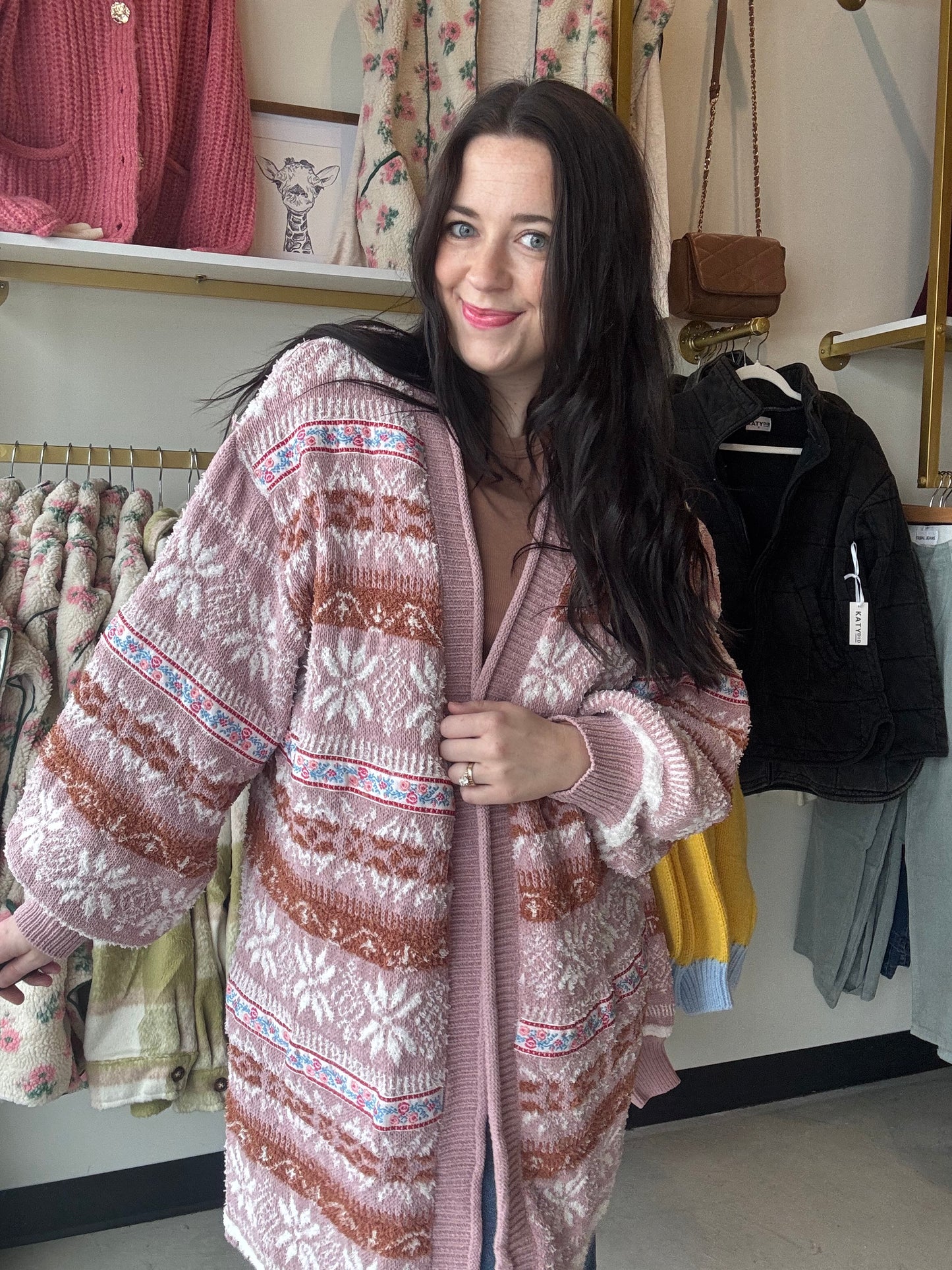 Pink Winter Motif Cardigan