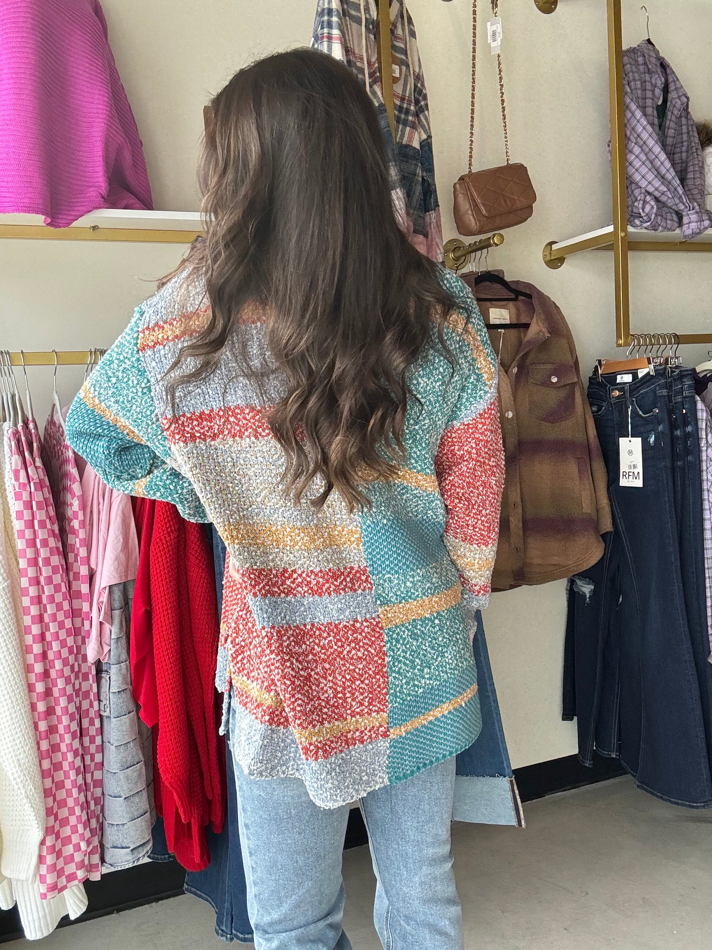 Steel Blue & Coral Block Cardigan