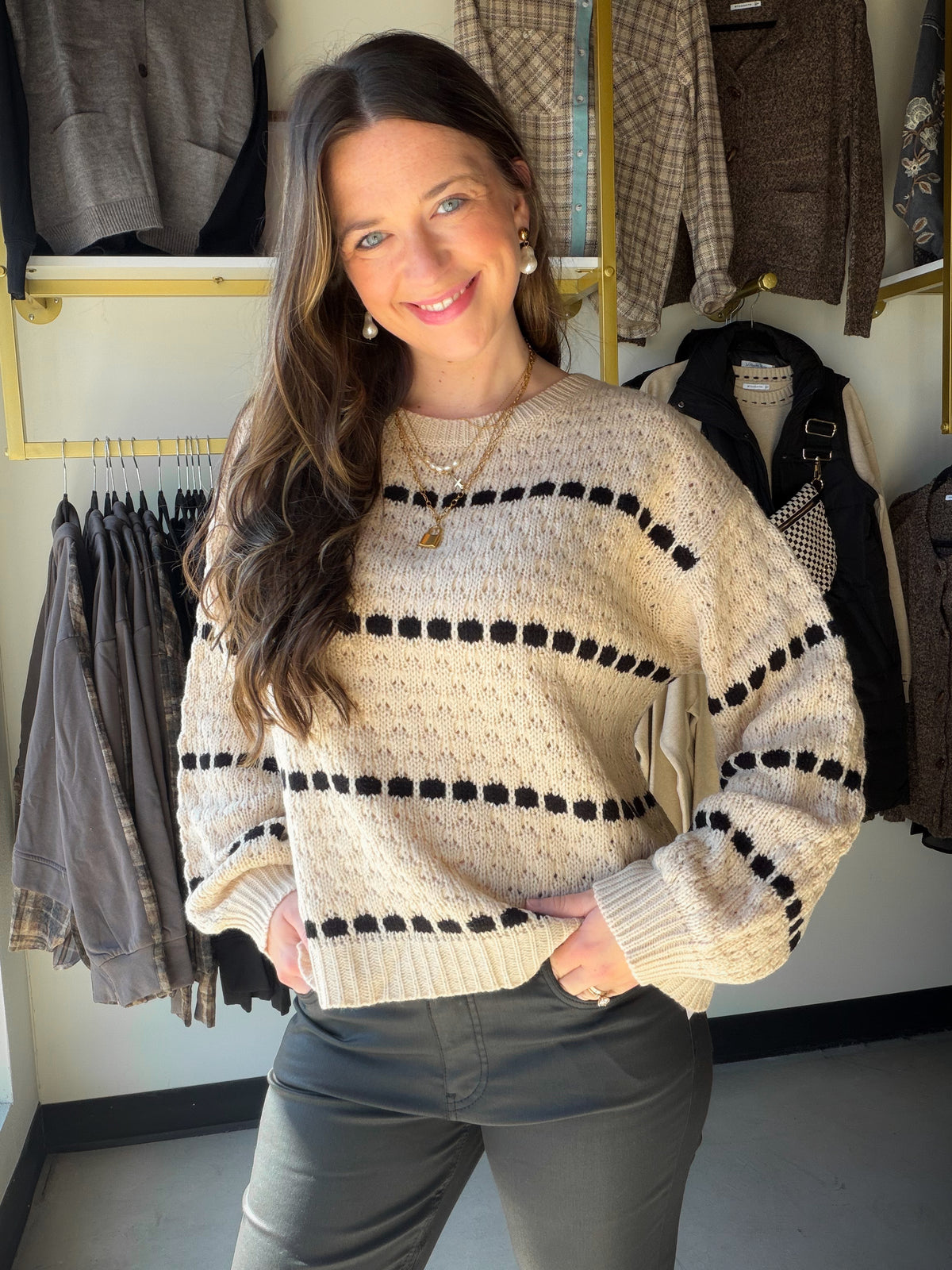 Spot Stripe Balloon Sleeve Sweater
