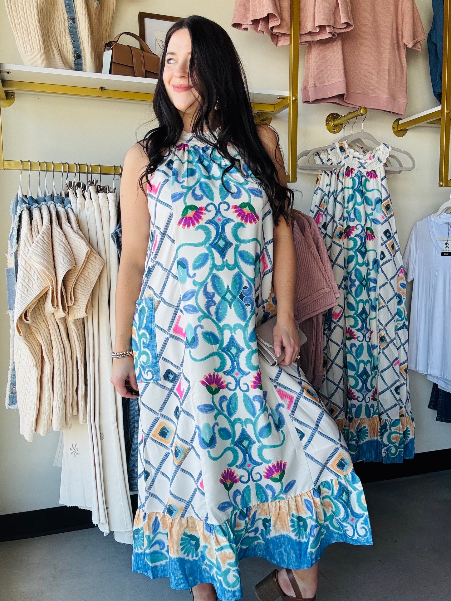 Chambray Mix Halter Dress