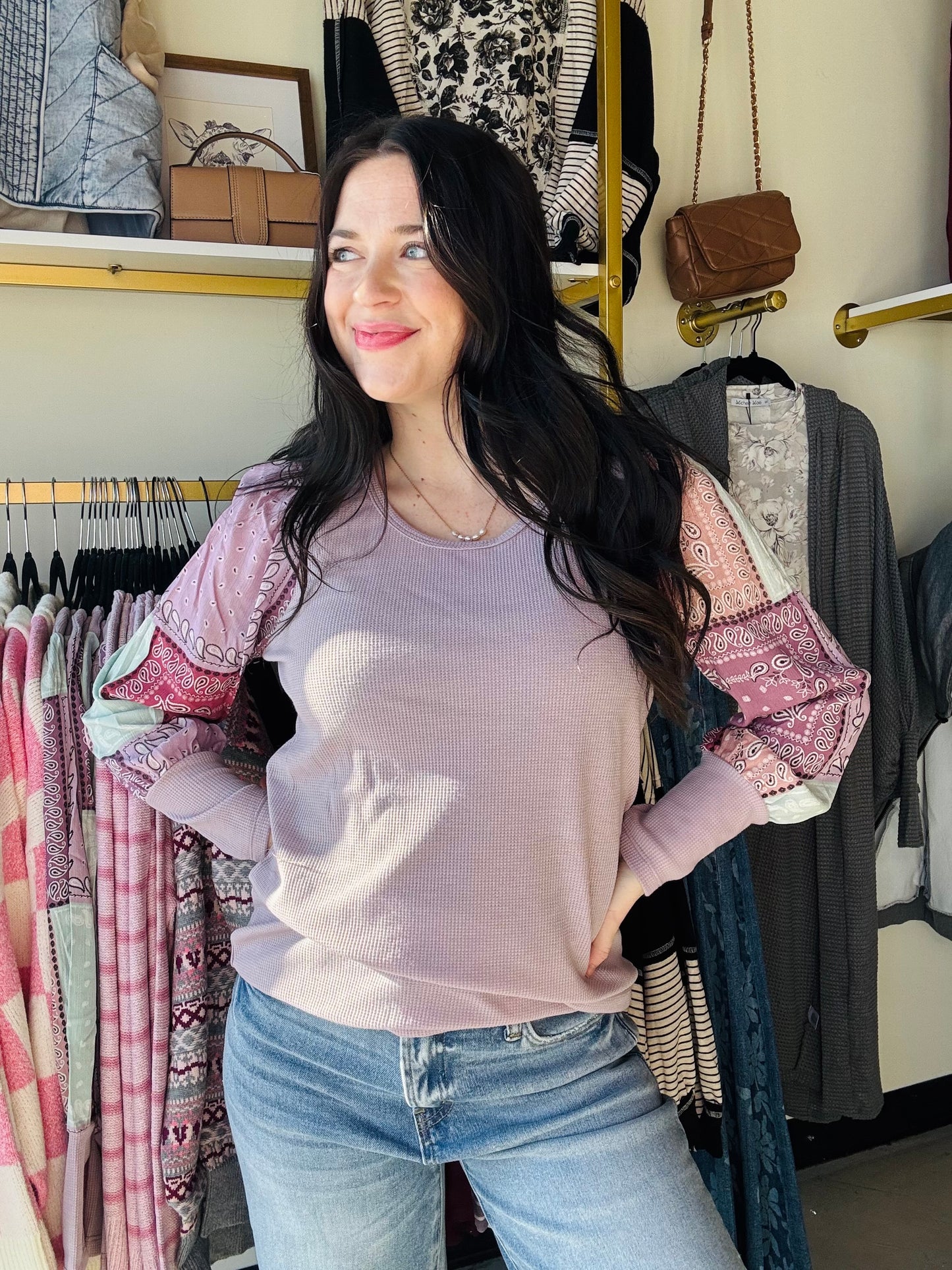 Lavender Aztec Puff Sleeve Top