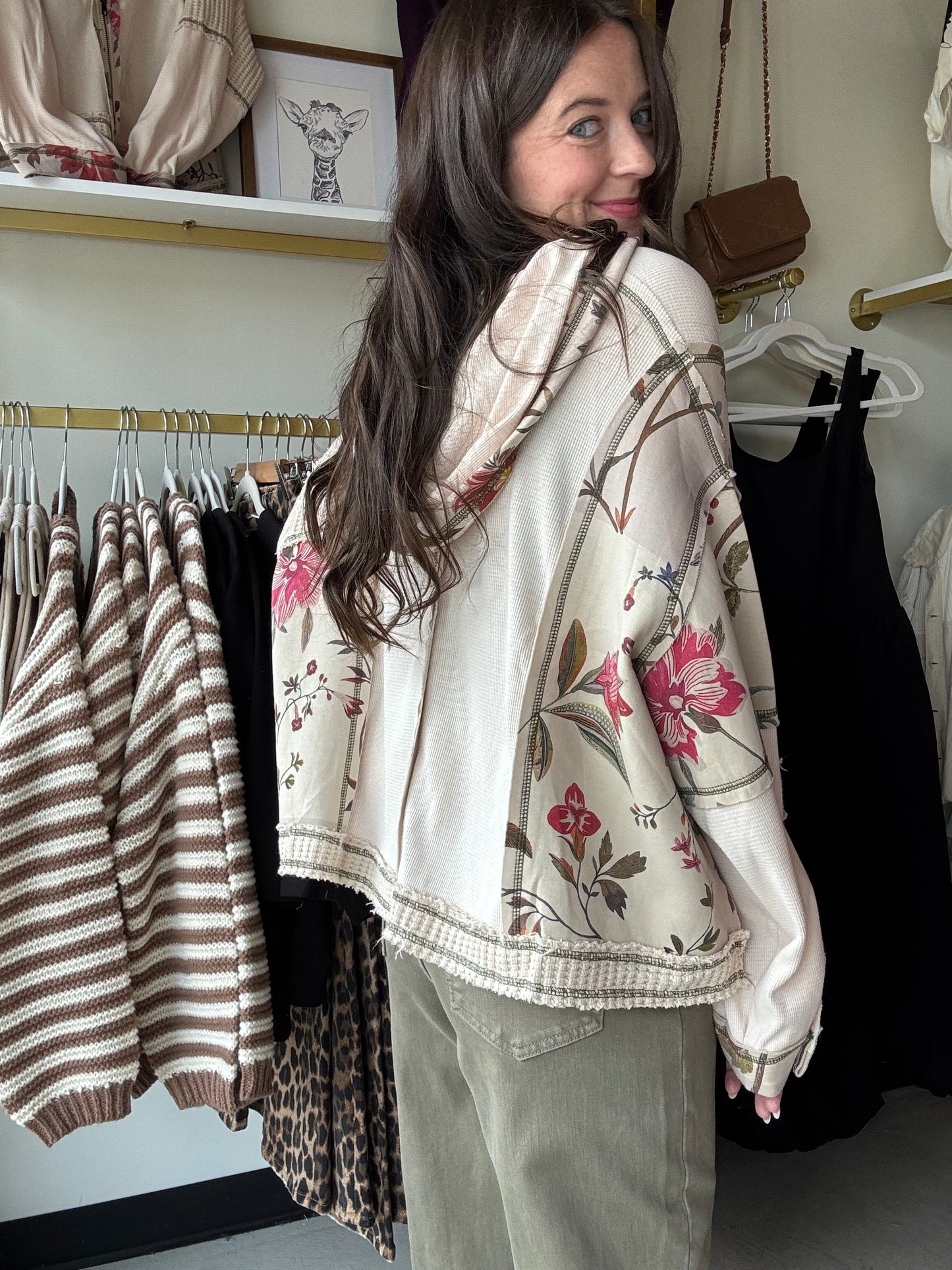 Almond Mixed Fabric Zip Up