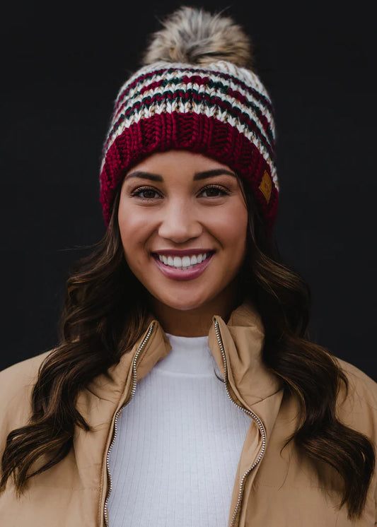 Beige, Red & Green Striped Knit Hat