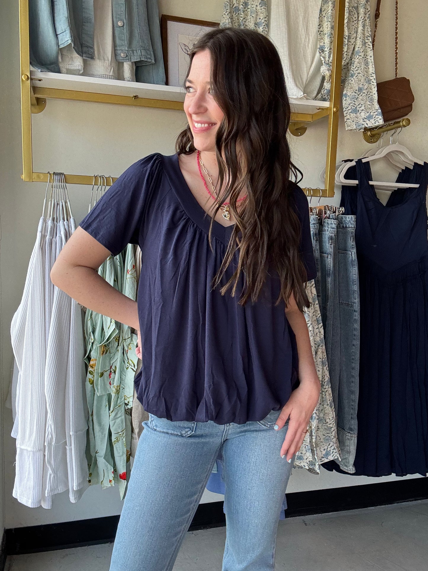 Navy Shirring Top