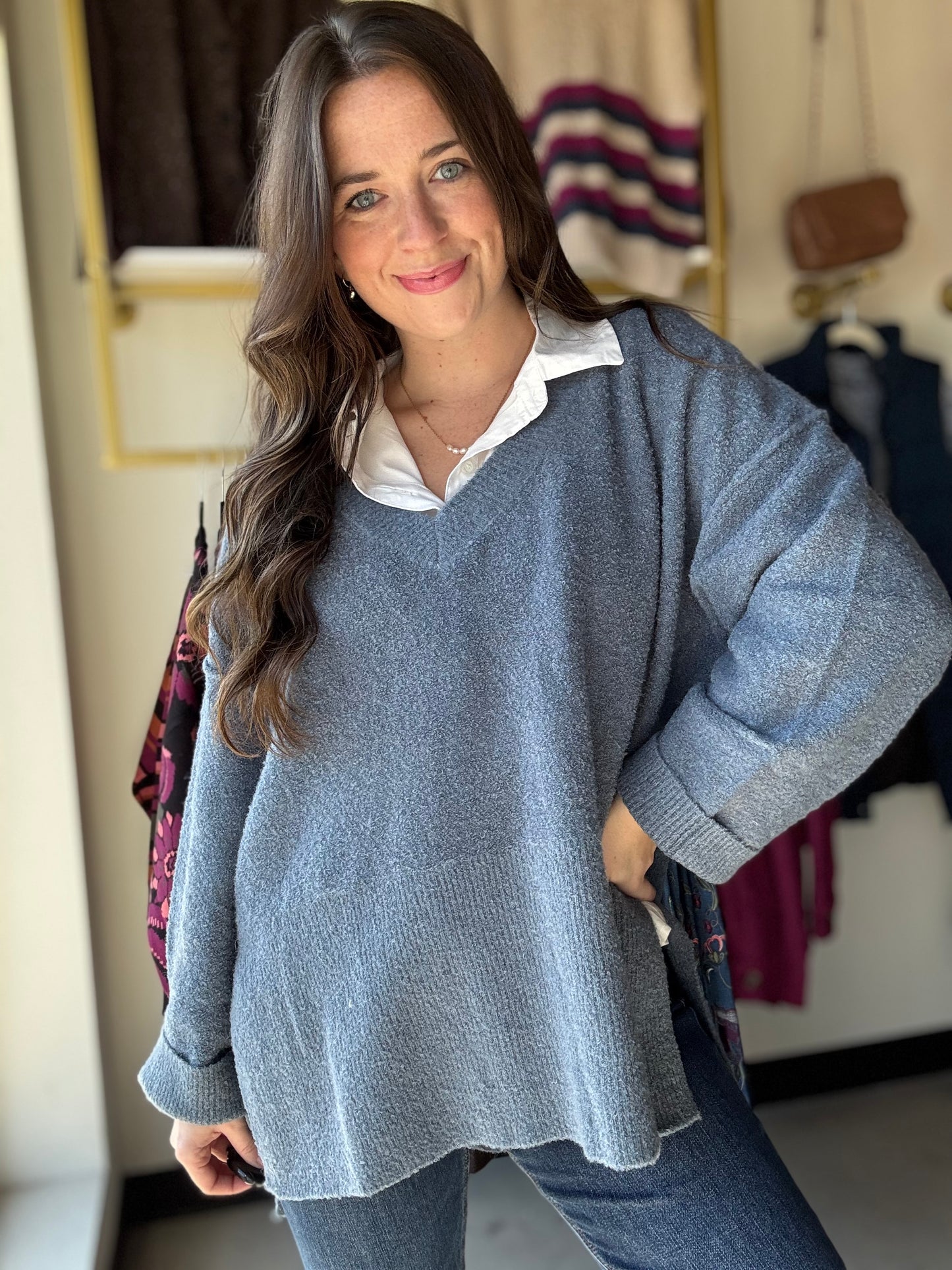 Denim Slouchy V Neck Sweater