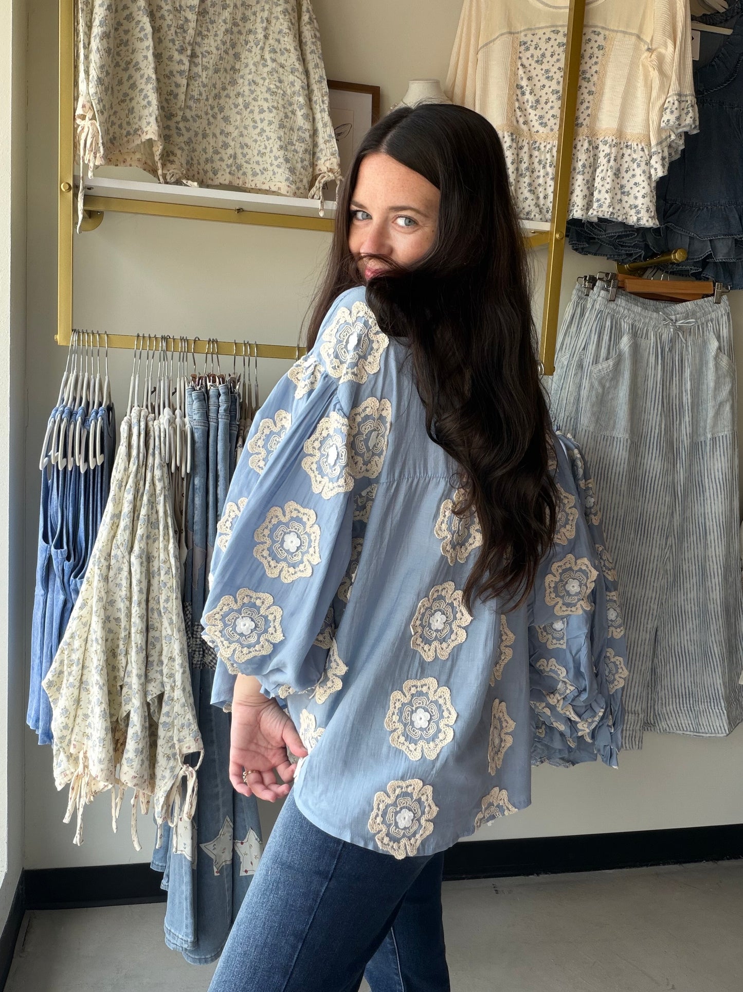 Blue 3D Floral Bubble Top