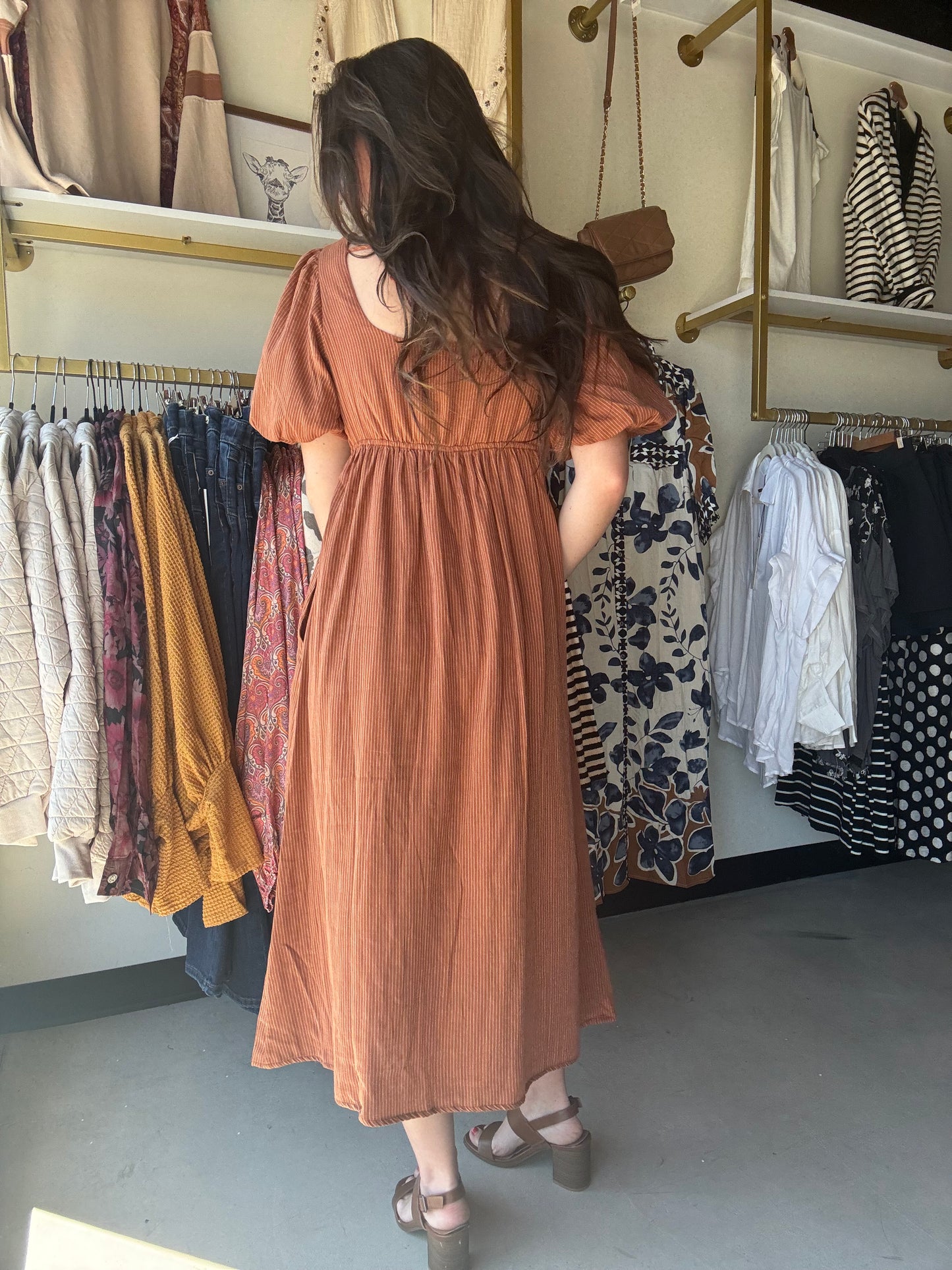 Rust Pin Stripe Midi Dress
