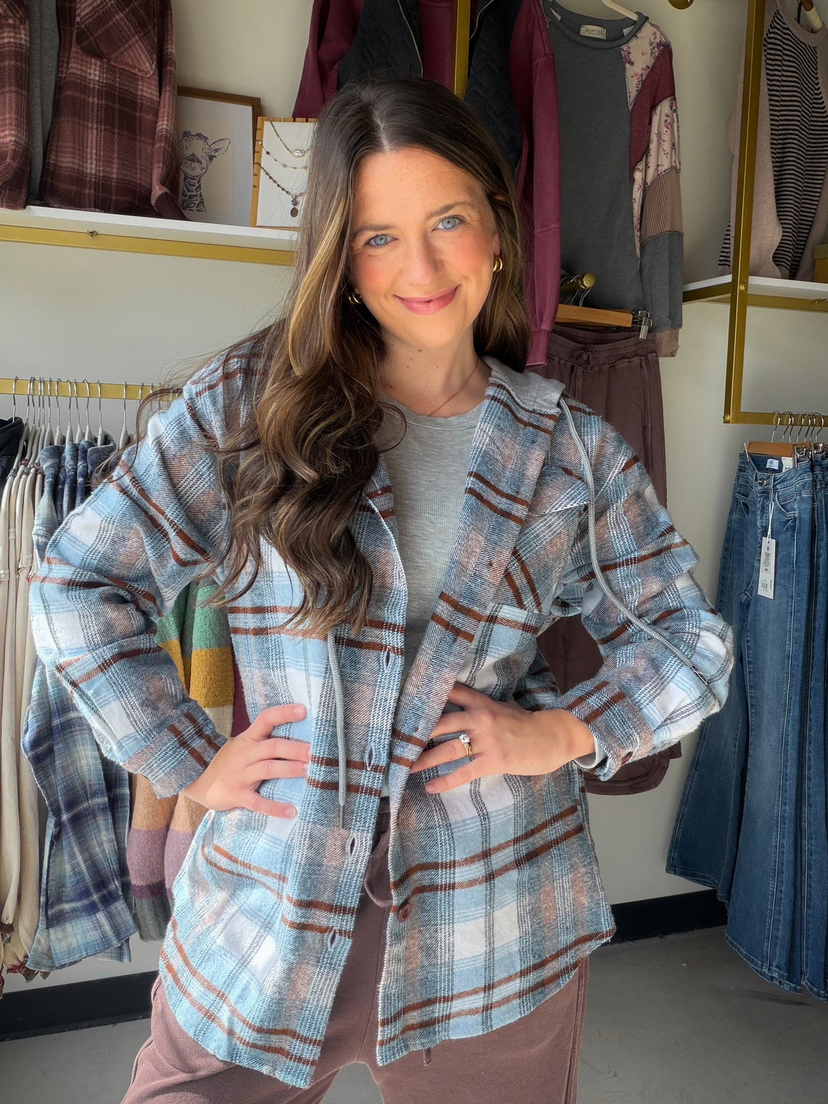Sky Blue & Brown Plaid Hooded Shacket