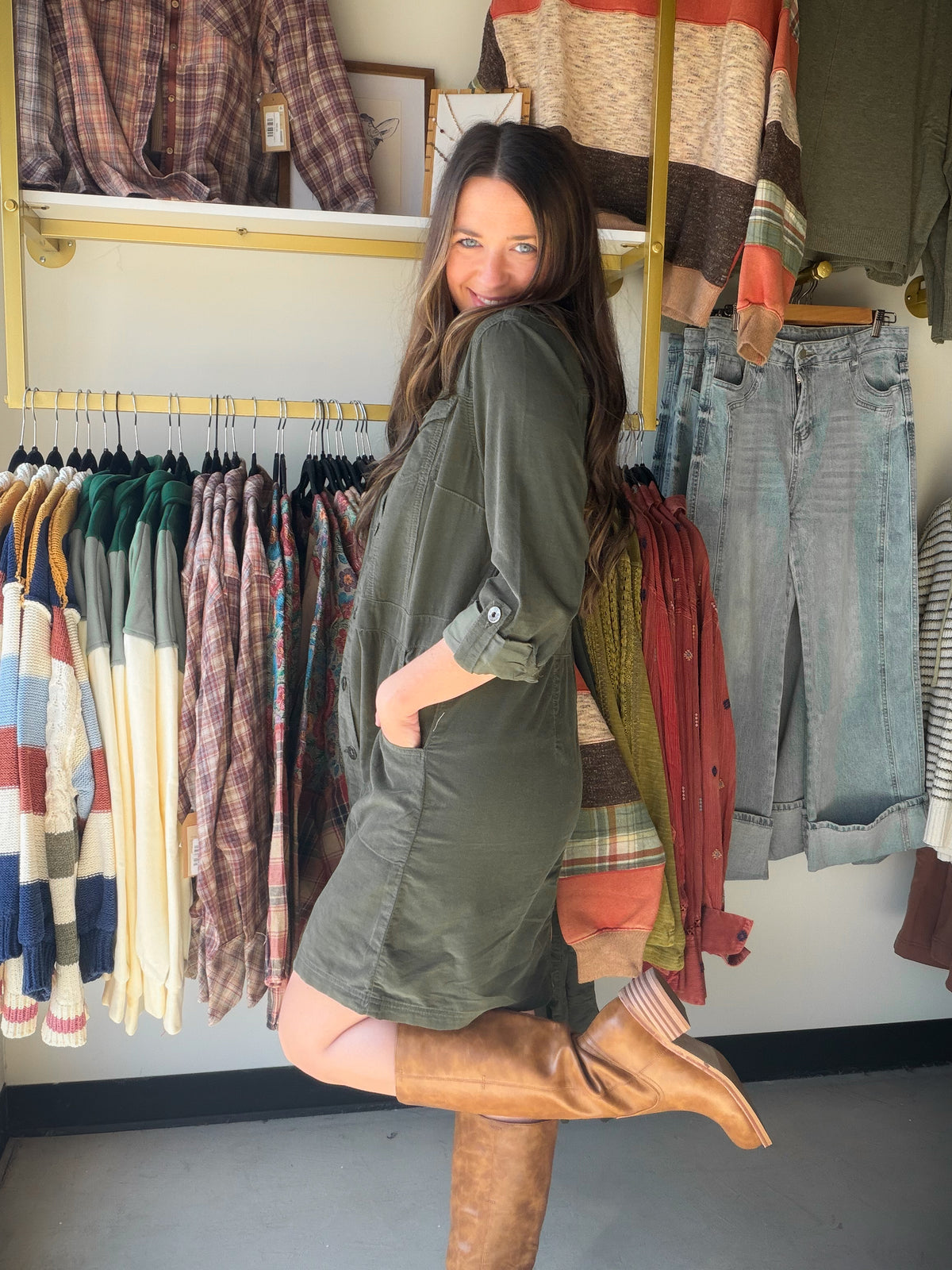 Olive Corduroy Cargo Dress