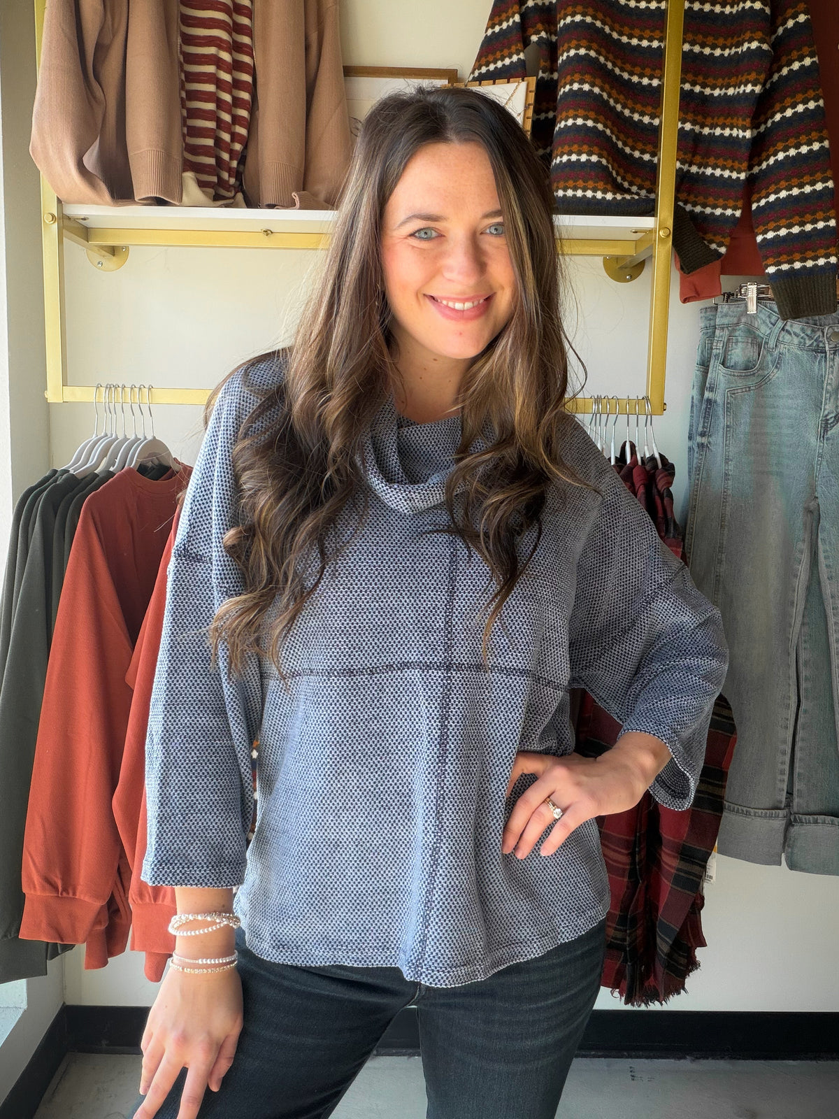 Denim Exposed Stitch Sweater