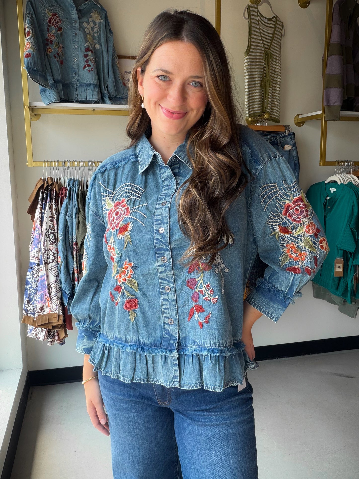 Embroidered Chambray Peplum Top