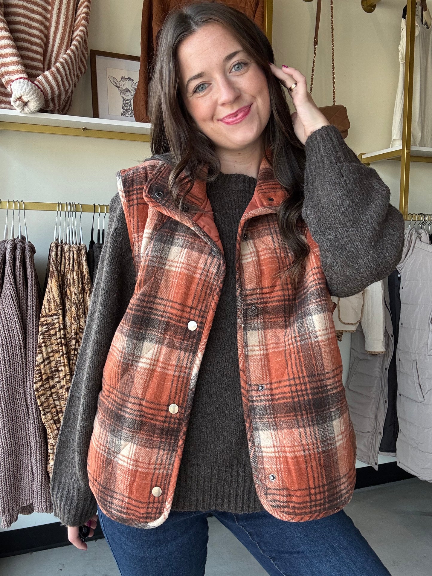 Rust Plaid Puffer Vest