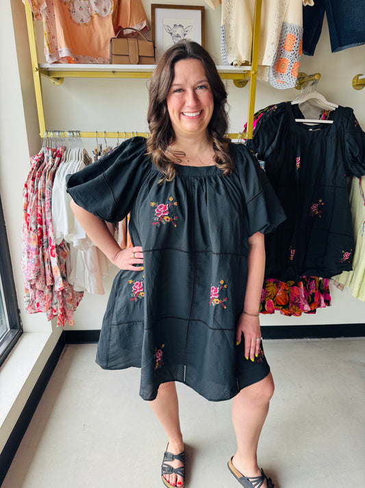 Black Embroidered Babydoll Dress