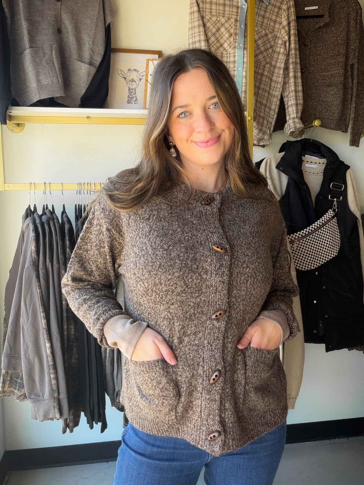 Brown Rib Accent Button Up Cardigan