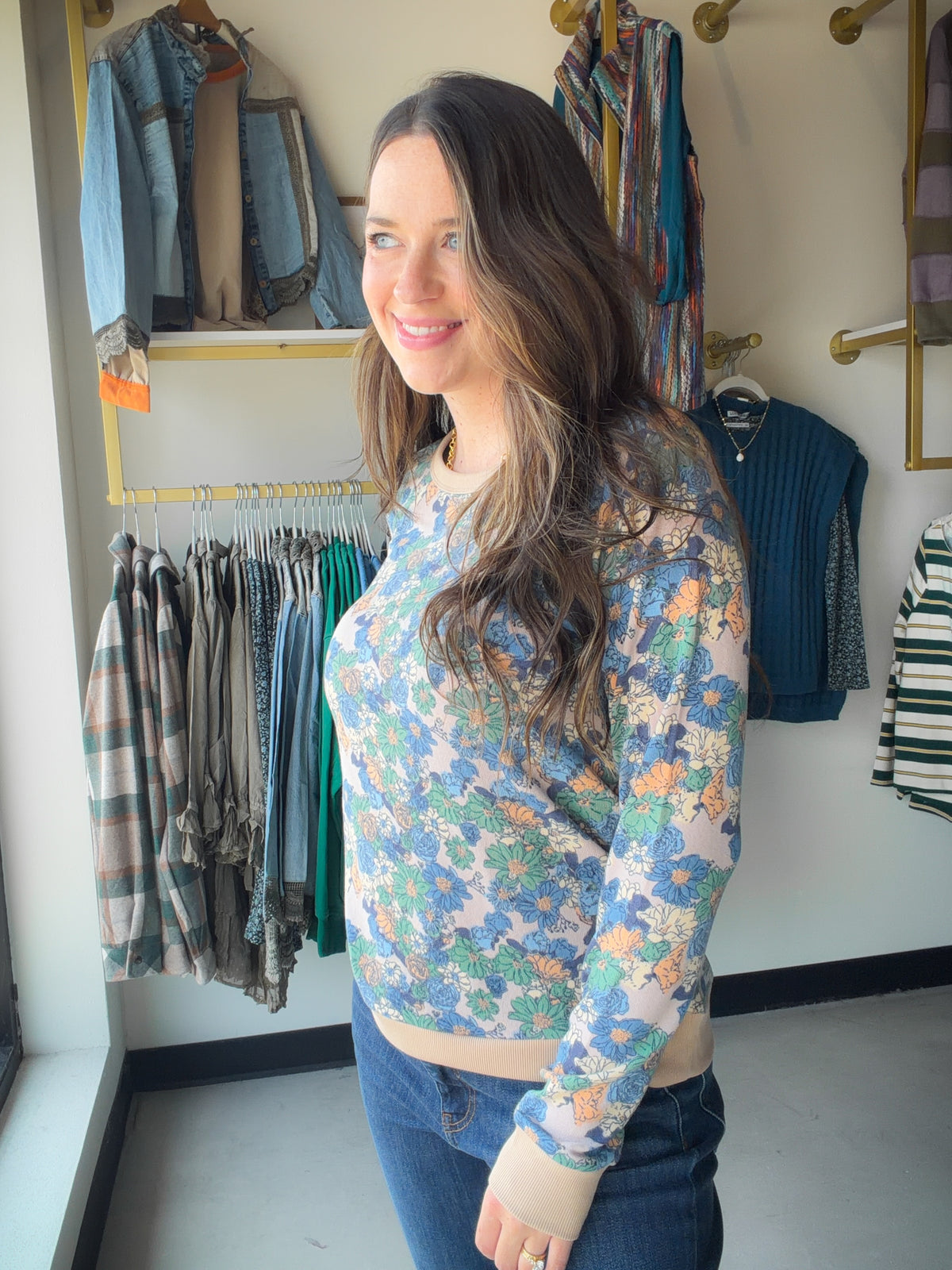 Blue Hacci Floral Printed Top