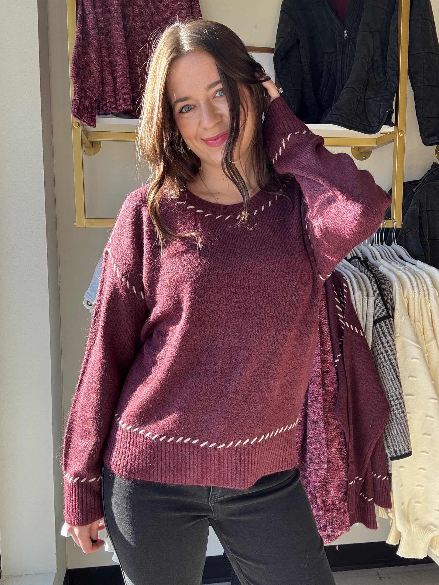 Wine Saddle Stitch Sweater
