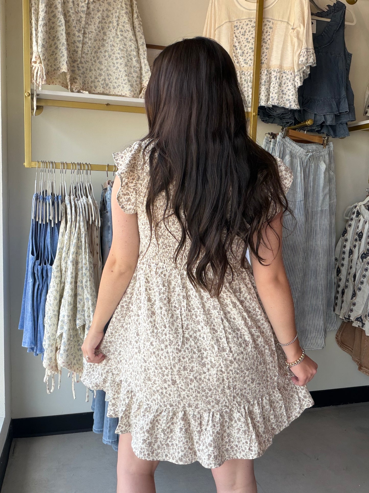 Taupe Smocked Babydoll Dress