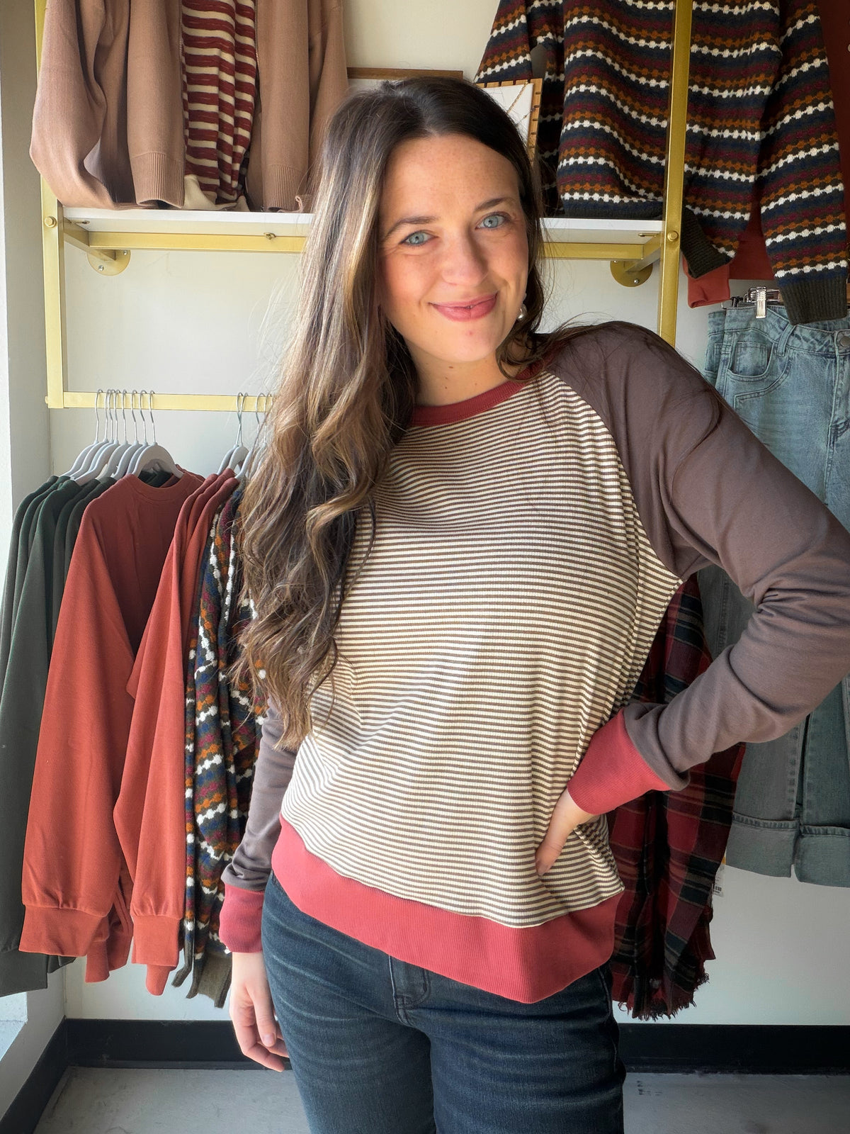 Brown Stripe Ribbed Crewneck