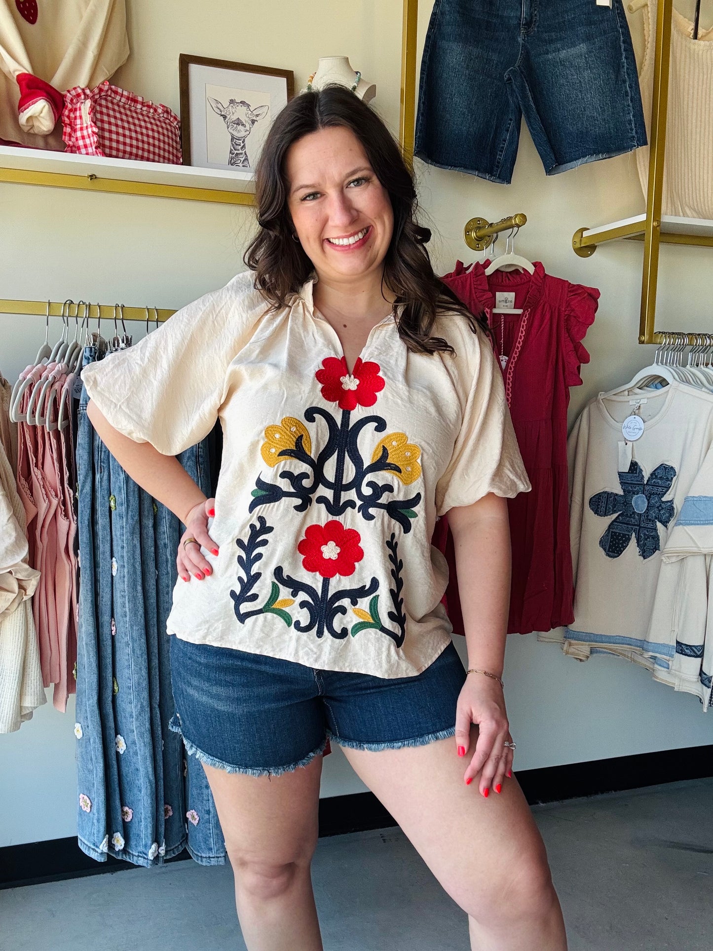 Oatmeal Bubble Sleeve Embroidered Blouse